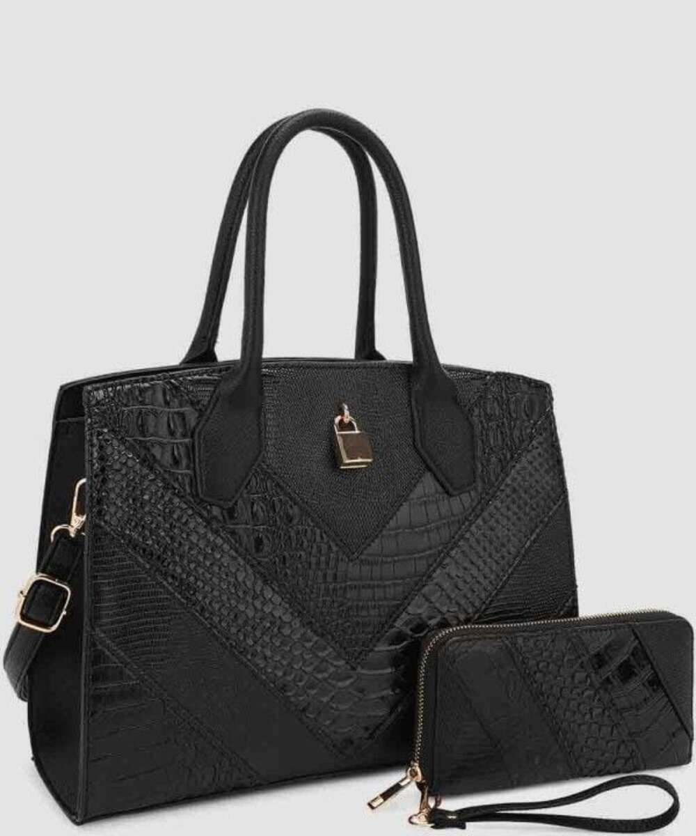 Black Crocodile Pattern Padlock Accent Satchel Wallet SET